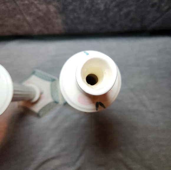 Signed Hand-Painted Ceramic Candlesticks Pink Green Flowers Lattice Design 12" - Picture 7 of 10